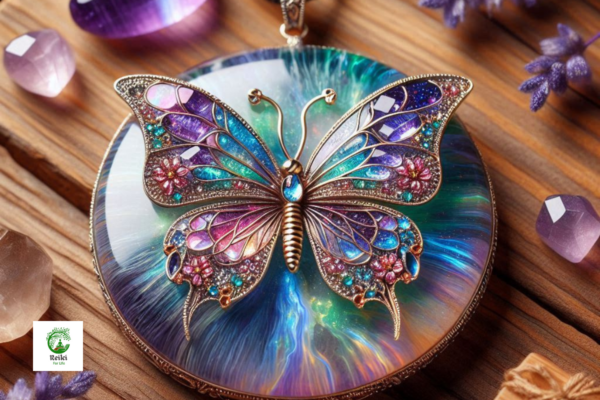 Reiki Healing Butterfly Pendant made from natural crystals, symbolizing transformation and holistic energy.