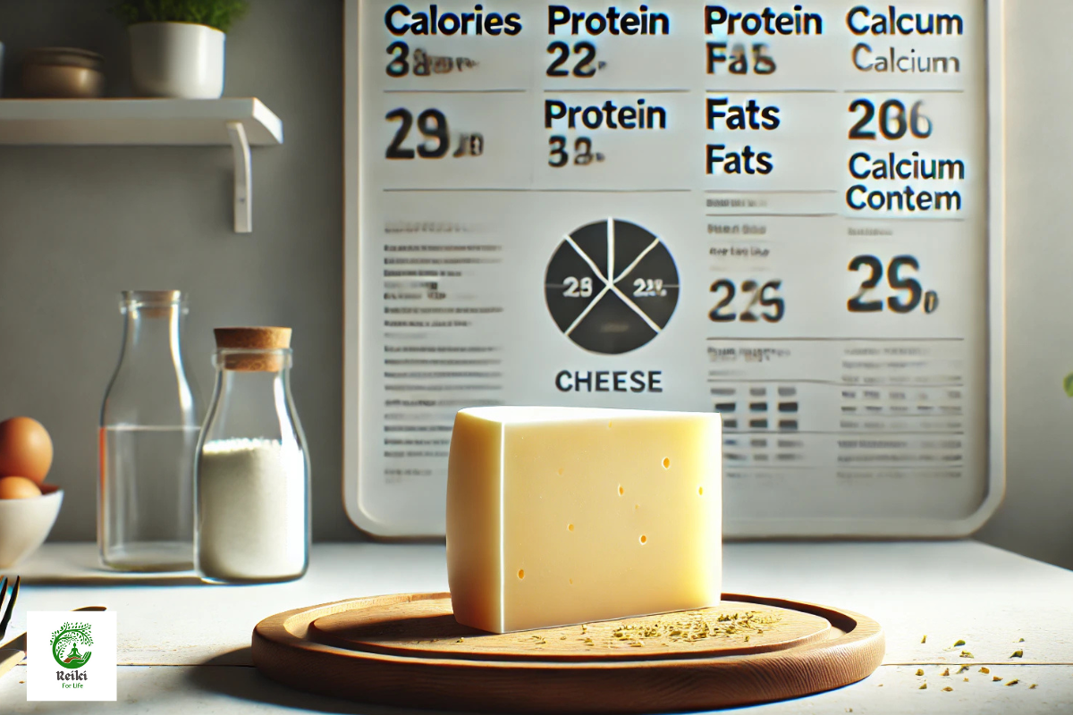 A cheese slice with nutritional information