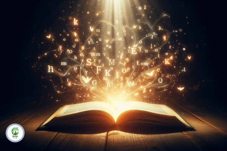 Open book emitting glowing letters and symbols, symbolizing the transformative and uplifting power of healing words.