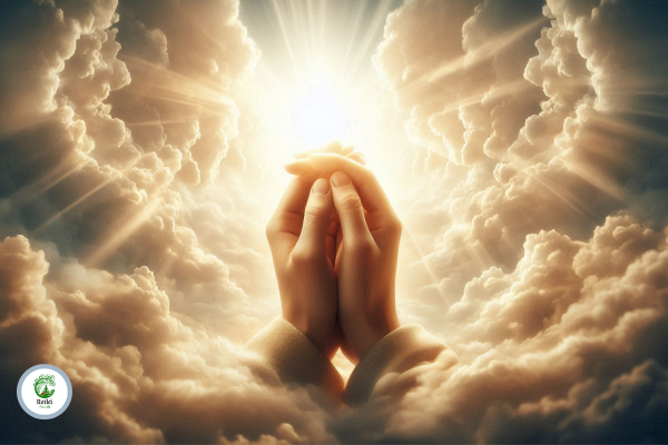 Hands clasped in prayer reaching toward radiant light breaking through the clouds, symbolizing healing, hope, and faith.